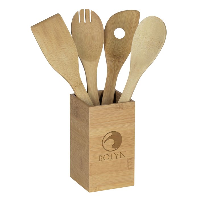 Custom Bamboo 4-Piece Kitchen Tool Set in Canister